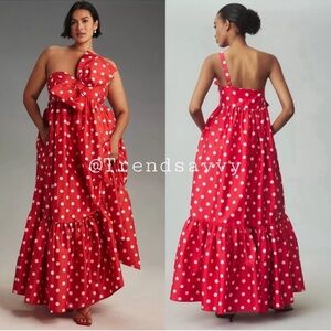 ANTHROPOLOGIE Atsu Sally Bow Polka Dots Flounce Hem Midi Dress Red White M NWT